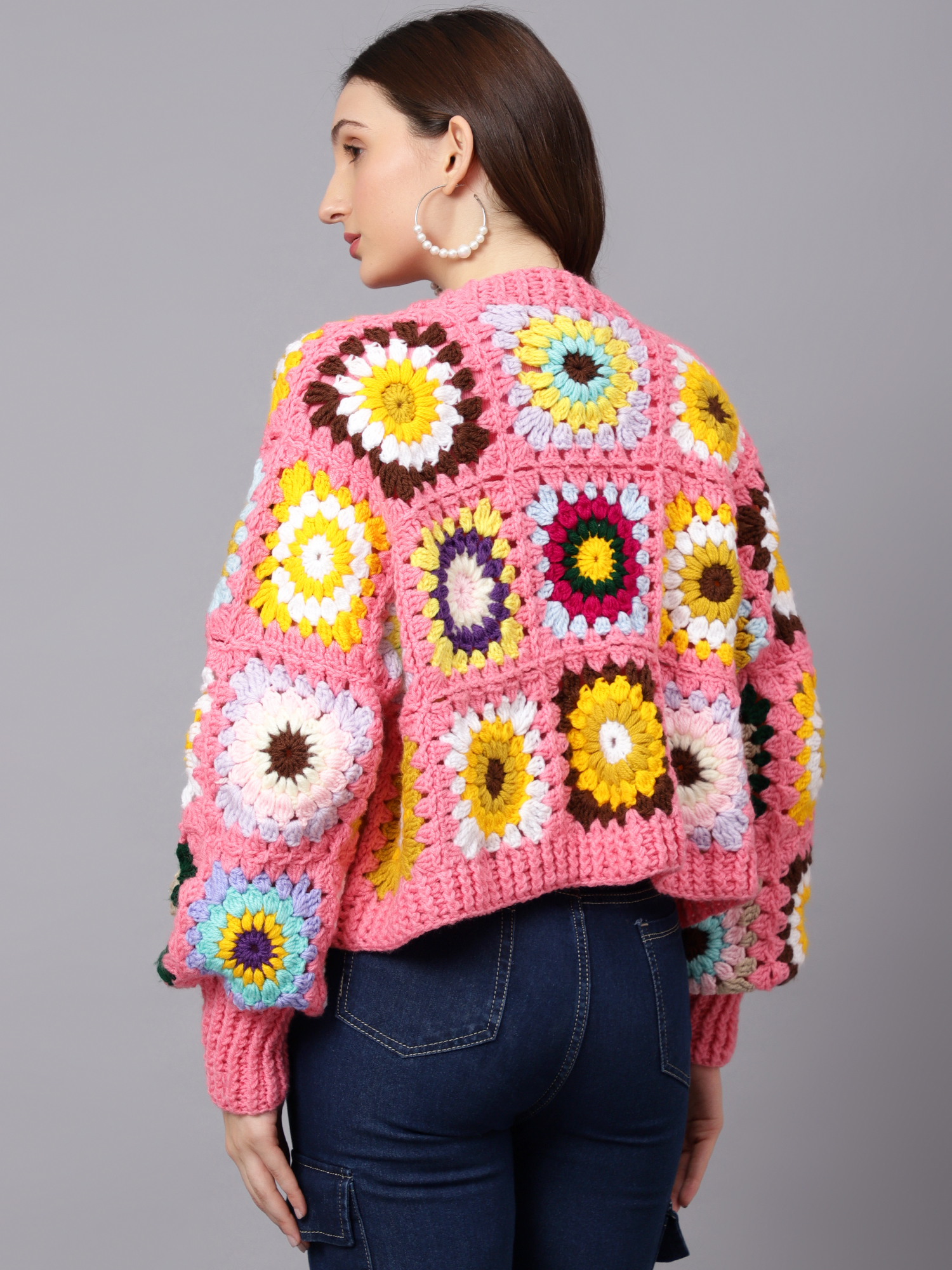 Velvery Handmade Pink & Multi Puffy Sleeve V-Neck Cardigan
