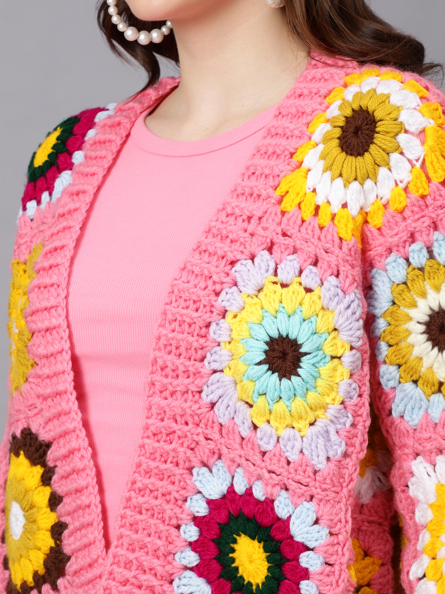 Velvery Handmade Pink & Multi Puffy Sleeve V-Neck Cardigan