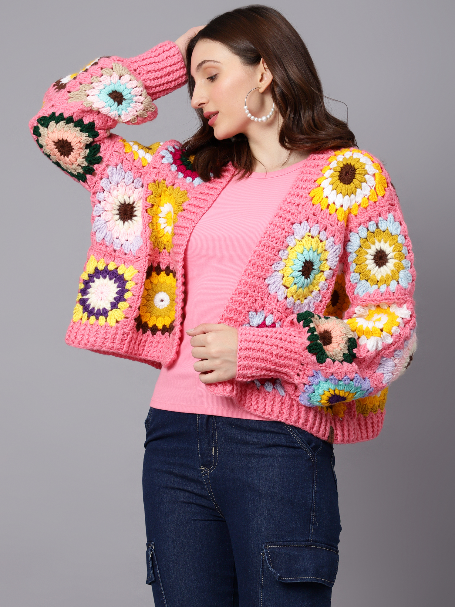Velvery Handmade Pink & Multi Puffy Sleeve V-Neck Cardigan