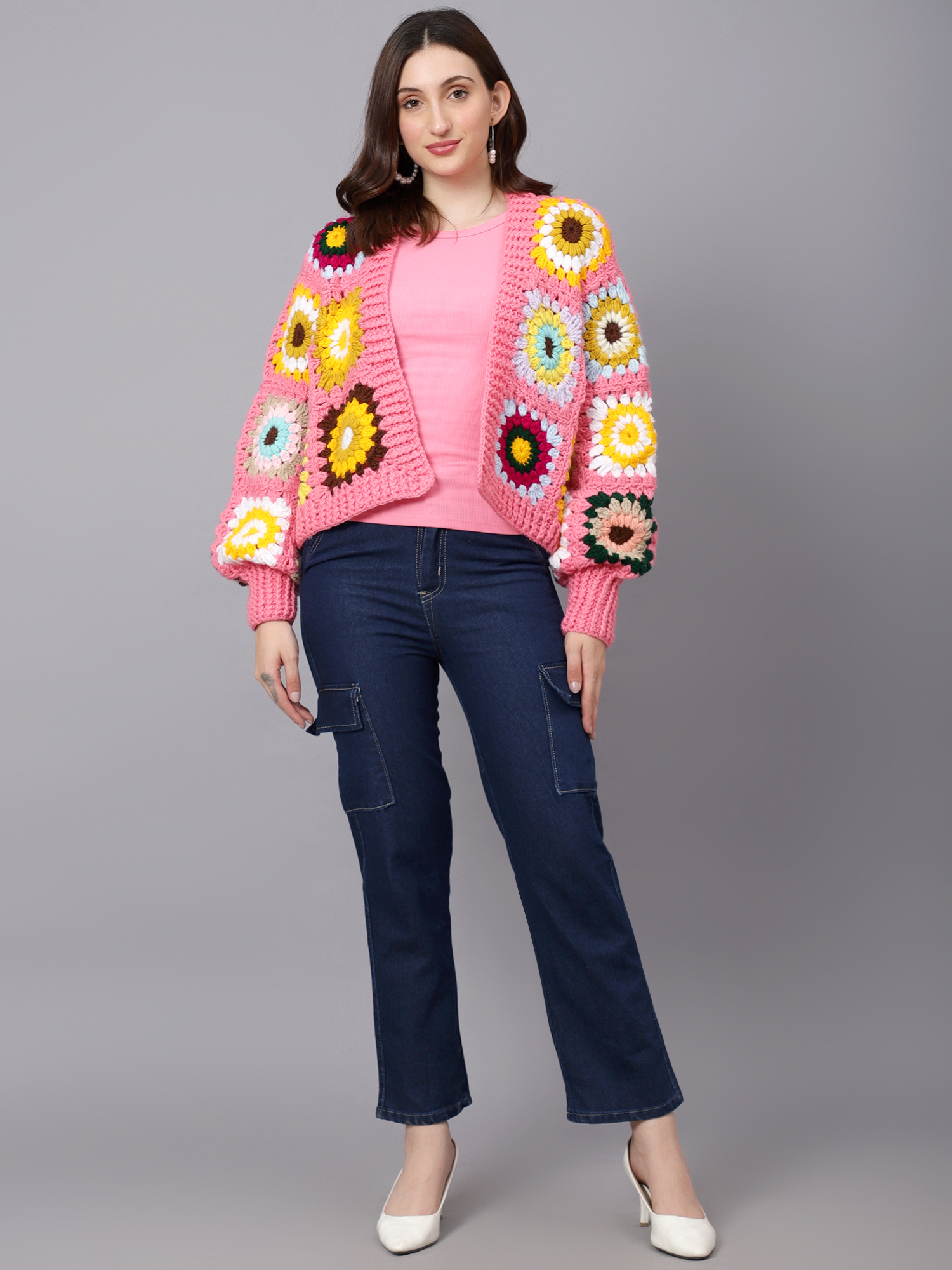 Velvery Handmade Pink & Multi Puffy Sleeve V-Neck Cardigan
