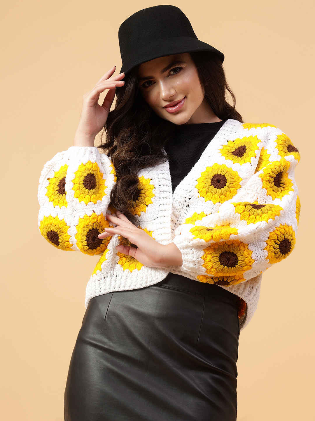 Velvery Handmade Yellow & White Sunflower V-Neck Cardigan