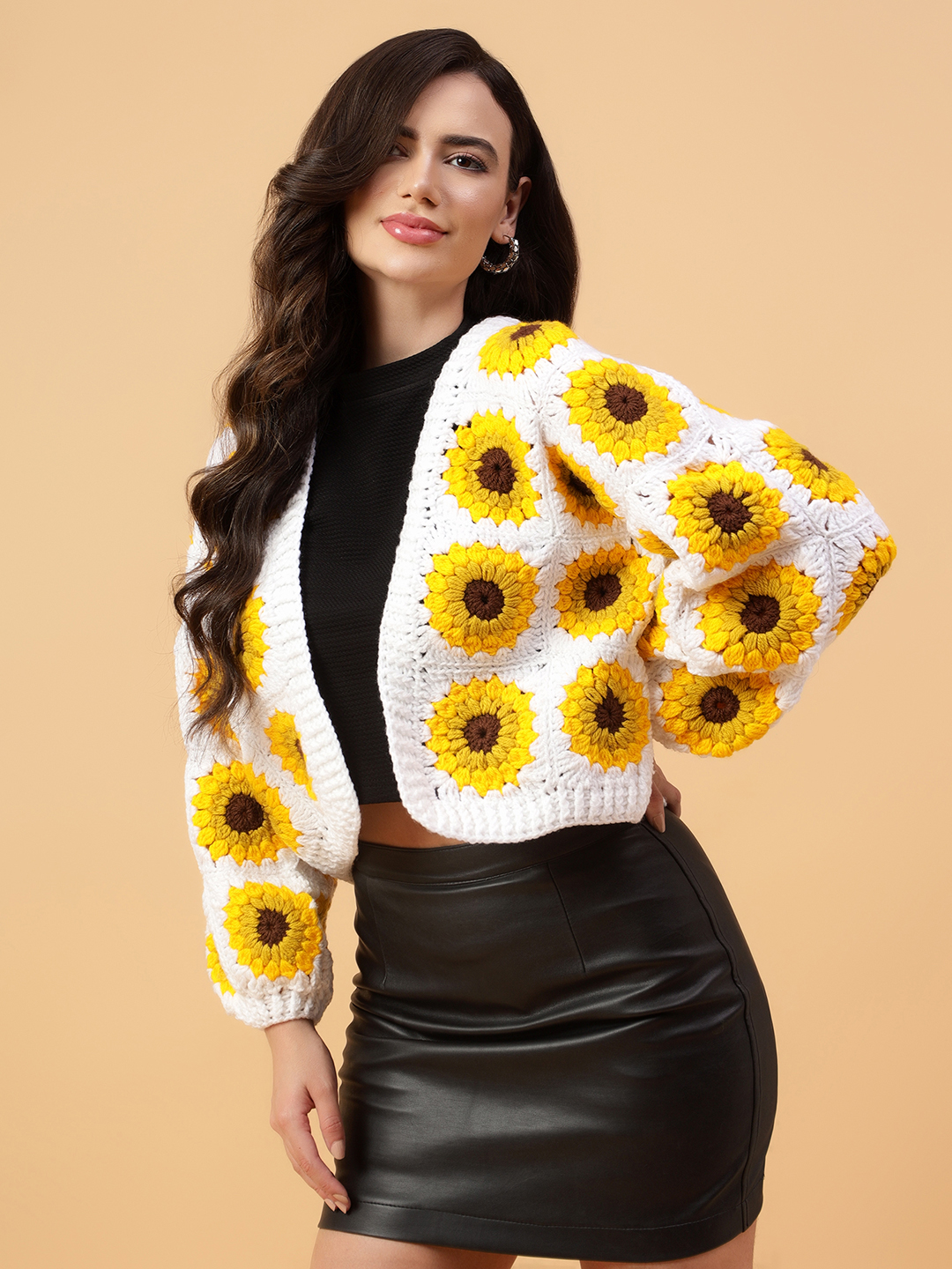 Velvery Handmade Yellow & White Sunflower V-Neck Cardigan