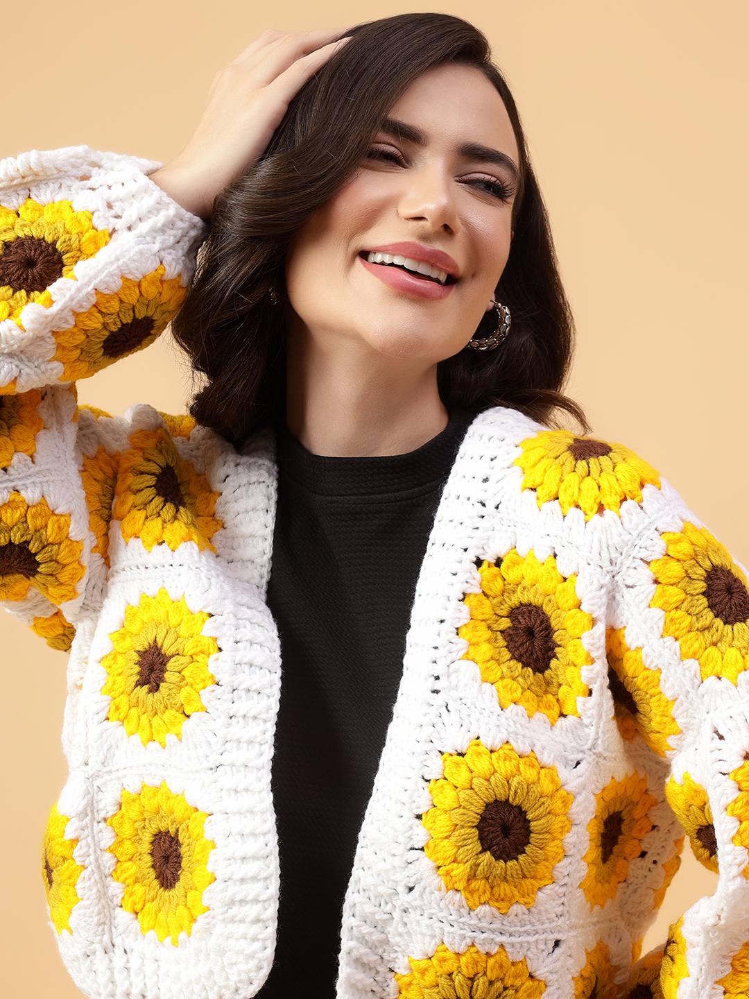 Velvery Handmade Yellow & White Sunflower V-Neck Cardigan