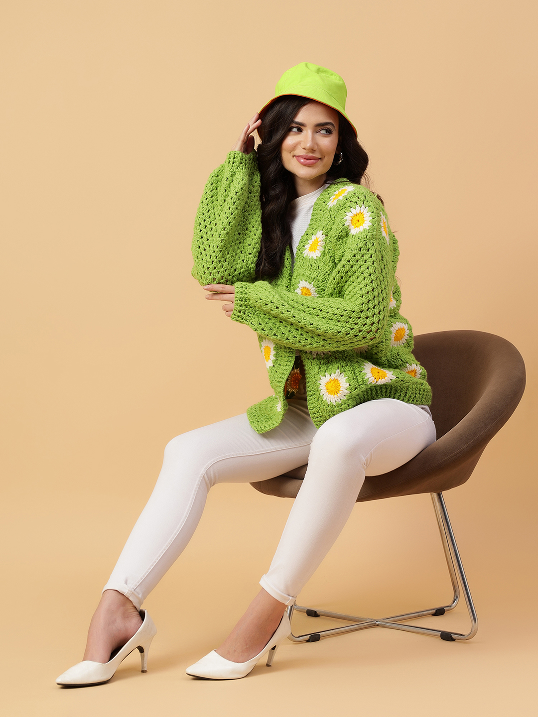 Velvery Handmade Green & White Granny Square V-Neck Cardigan