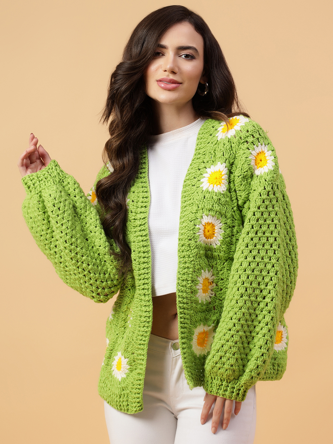 Velvery Handmade Green & White Granny Square V-Neck Cardigan