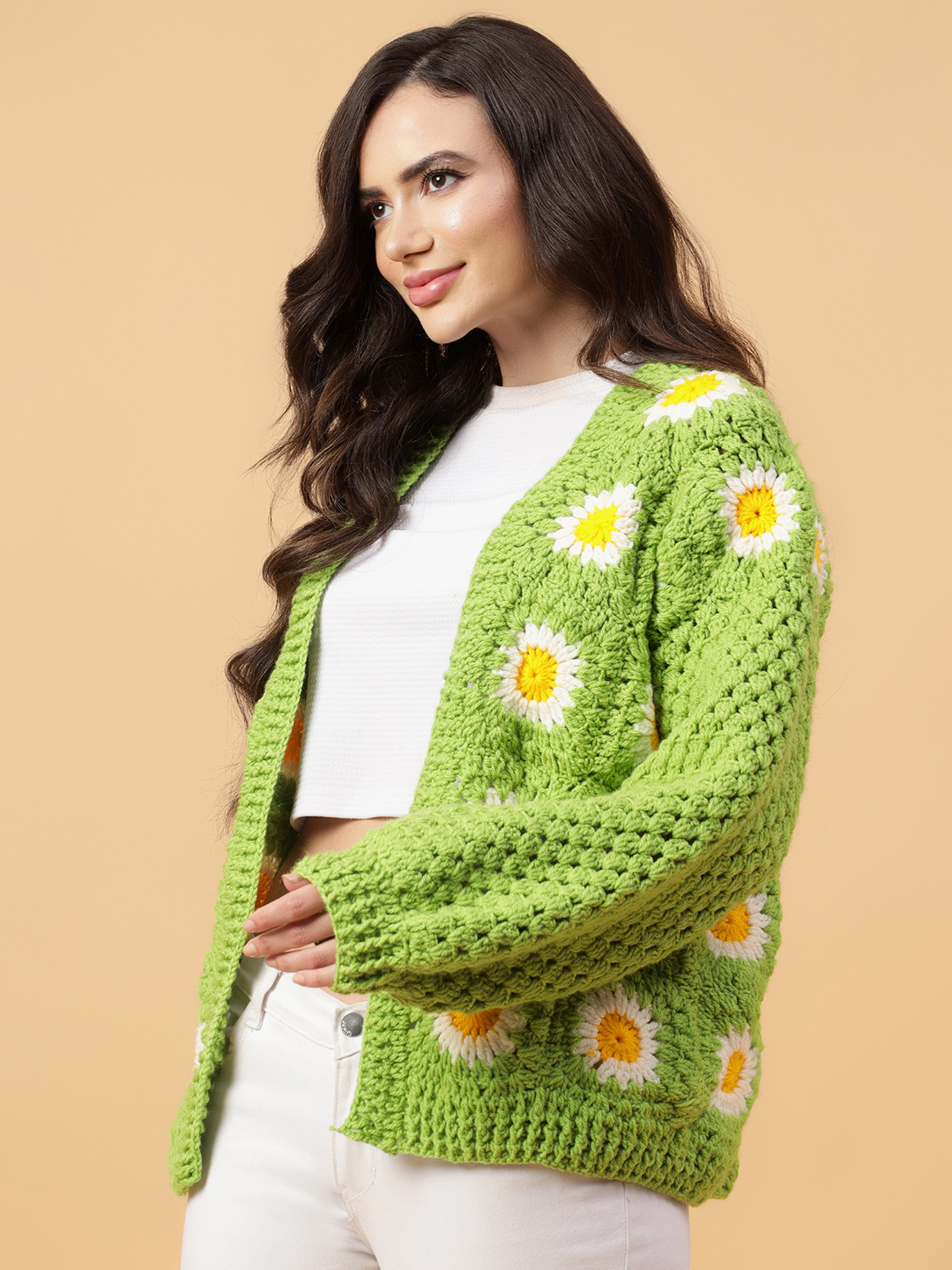 Velvery Handmade Green & White Granny Square V-Neck Cardigan