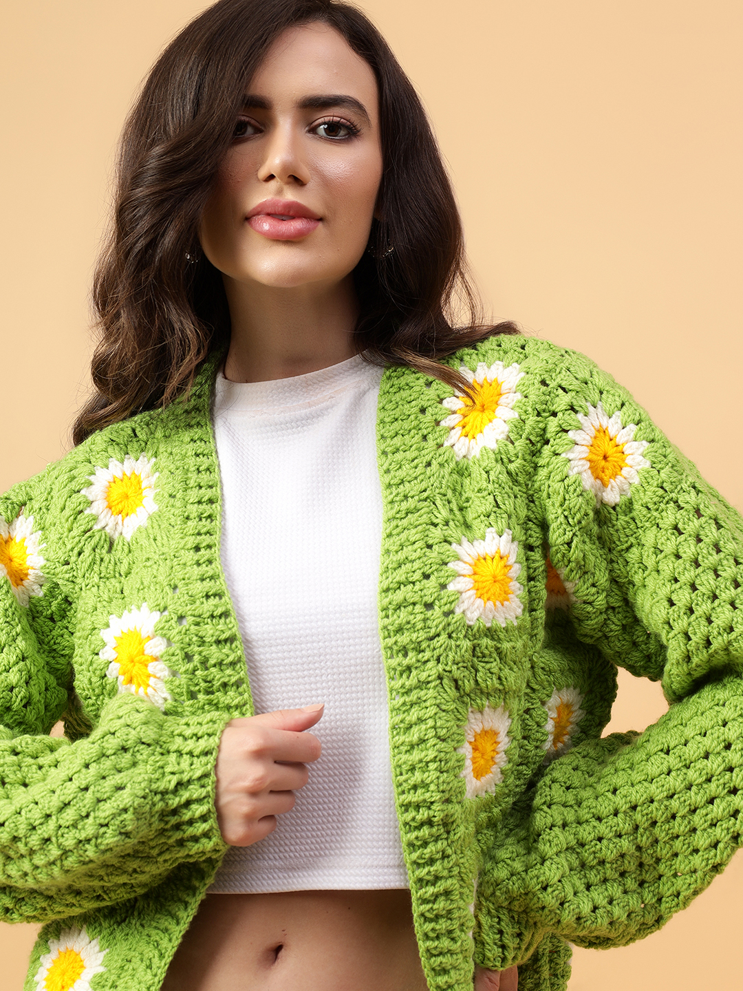Velvery Handmade Green & White Granny Square V-Neck Cardigan