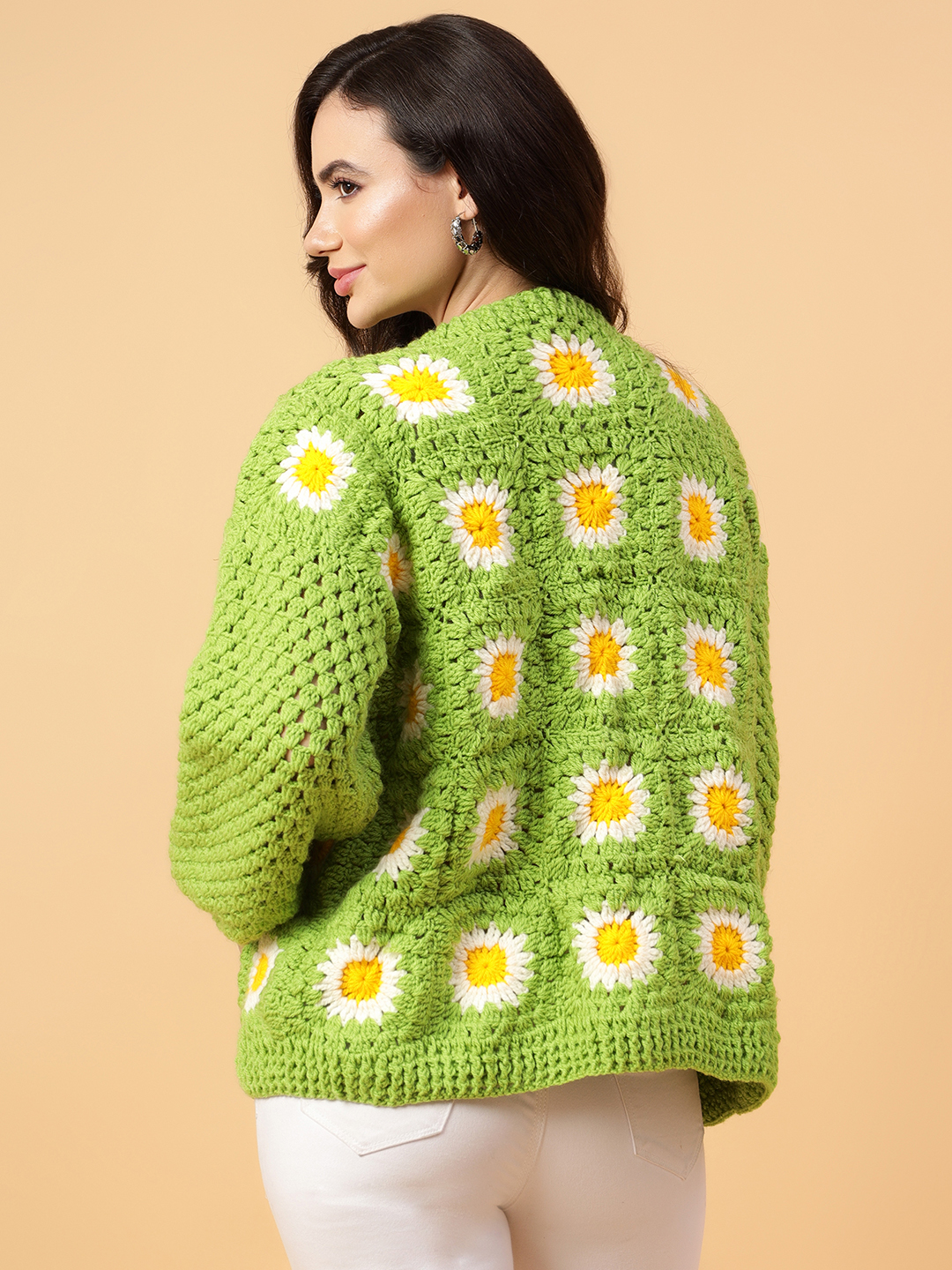 Velvery Handmade Green & White Granny Square V-Neck Cardigan