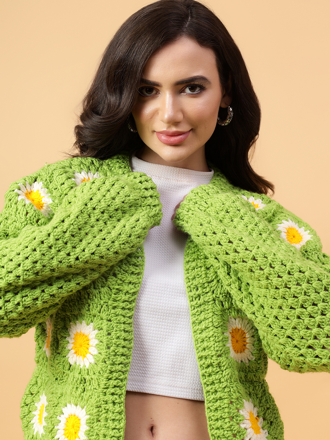 Velvery Handmade Green & White Granny Square V-Neck Cardigan