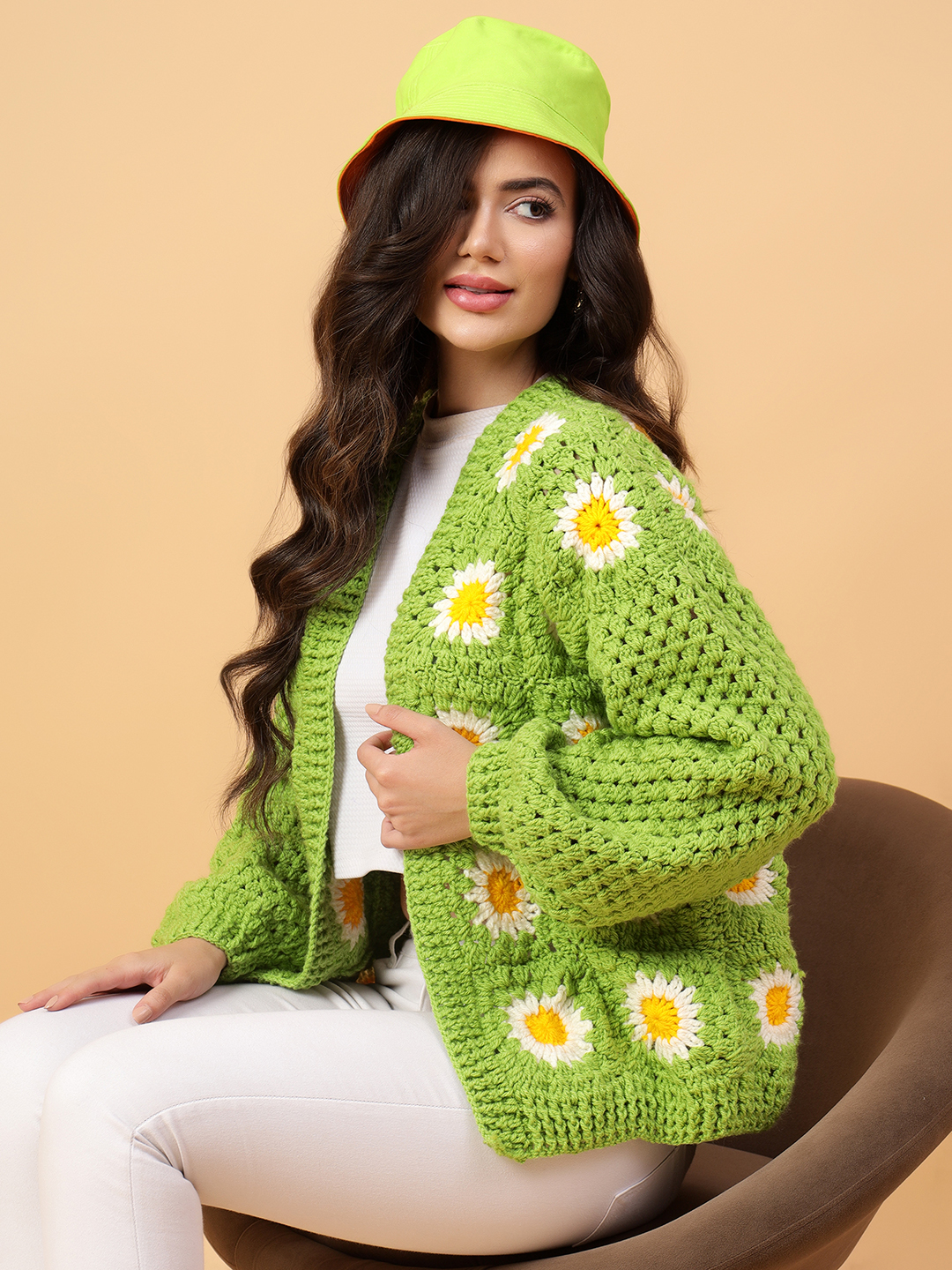 Velvery Handmade Green & White Granny Square V-Neck Cardigan