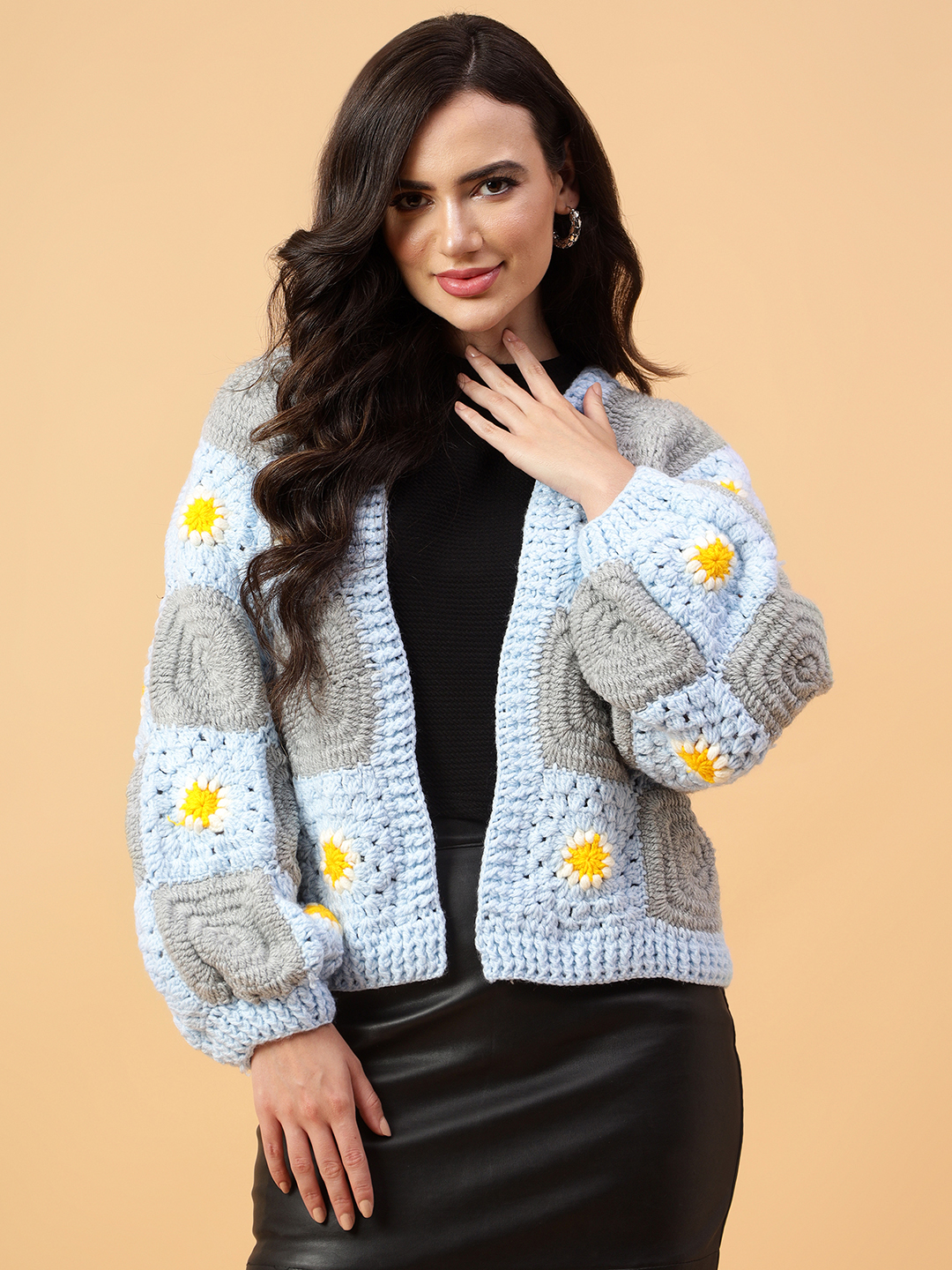 Velvery Handmade Blue & White Crochet Cardigan V-Neck Cardigan