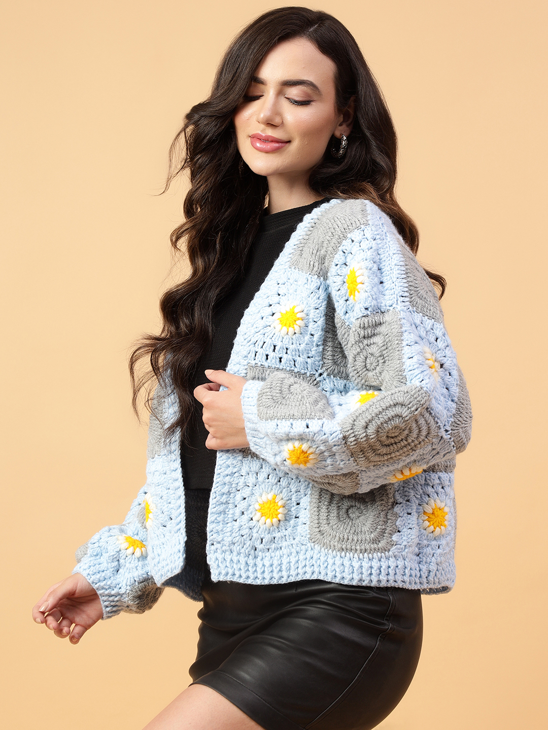 Velvery Handmade Blue & White Crochet Cardigan V-Neck Cardigan