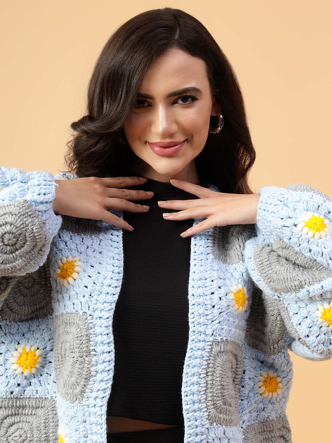 Velvery Handmade Blue & White Crochet Cardigan V-Neck Cardigan