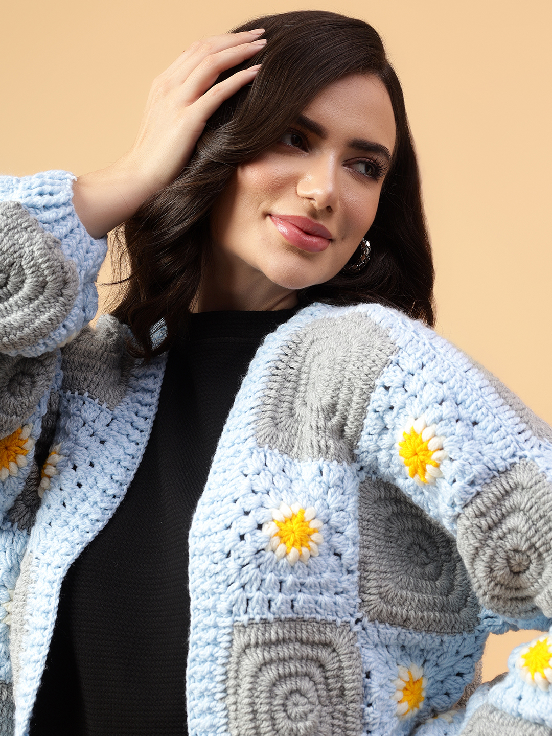 Velvery Handmade Blue & White Crochet Cardigan V-Neck Cardigan