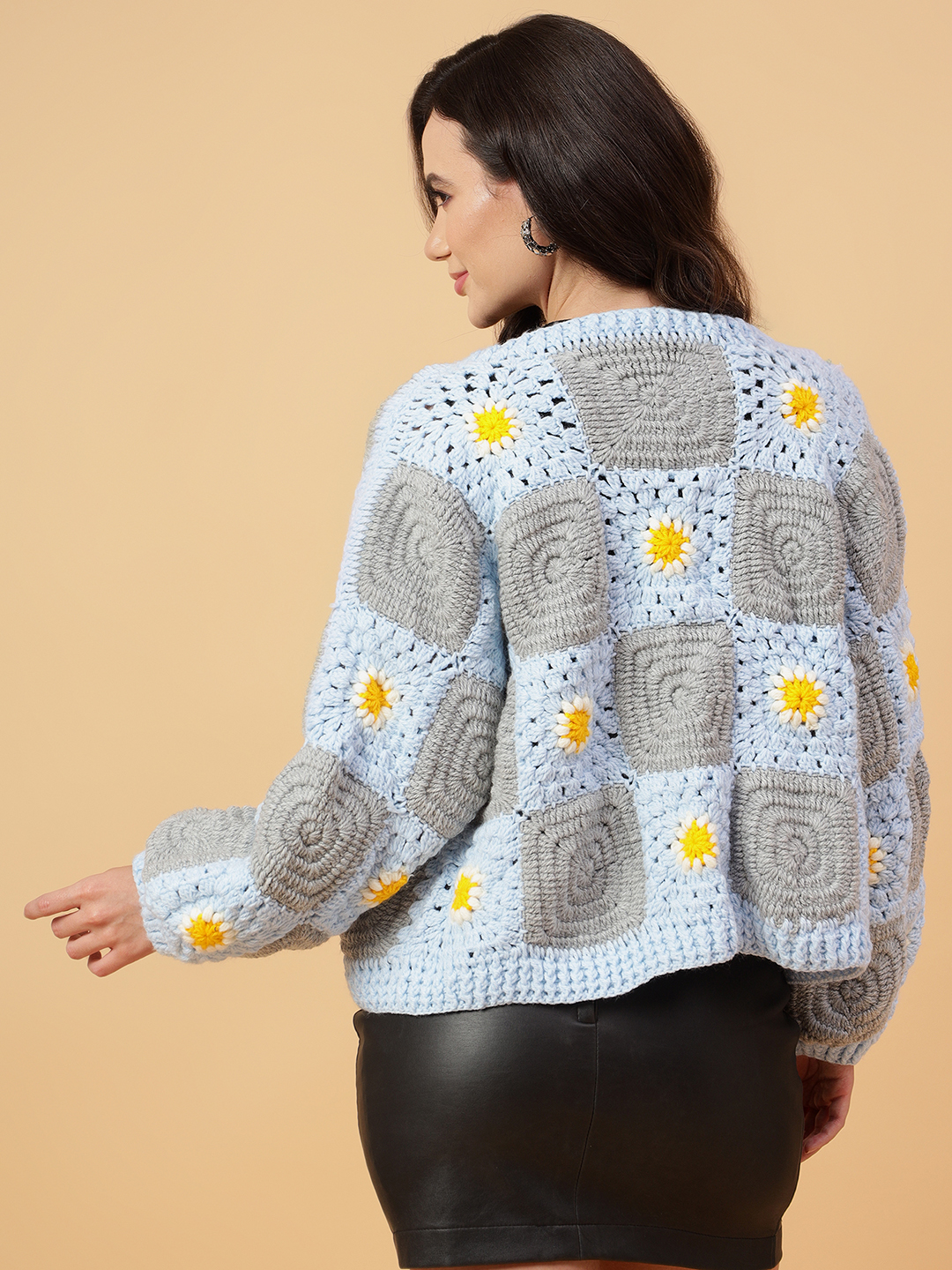 Velvery Handmade Blue & White Crochet Cardigan V-Neck Cardigan