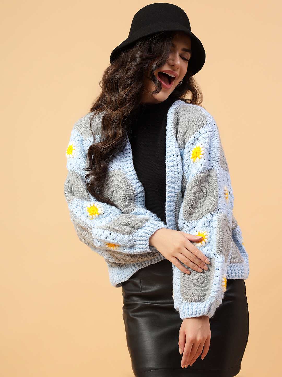 Velvery Handmade Blue & White Crochet Cardigan V-Neck Cardigan