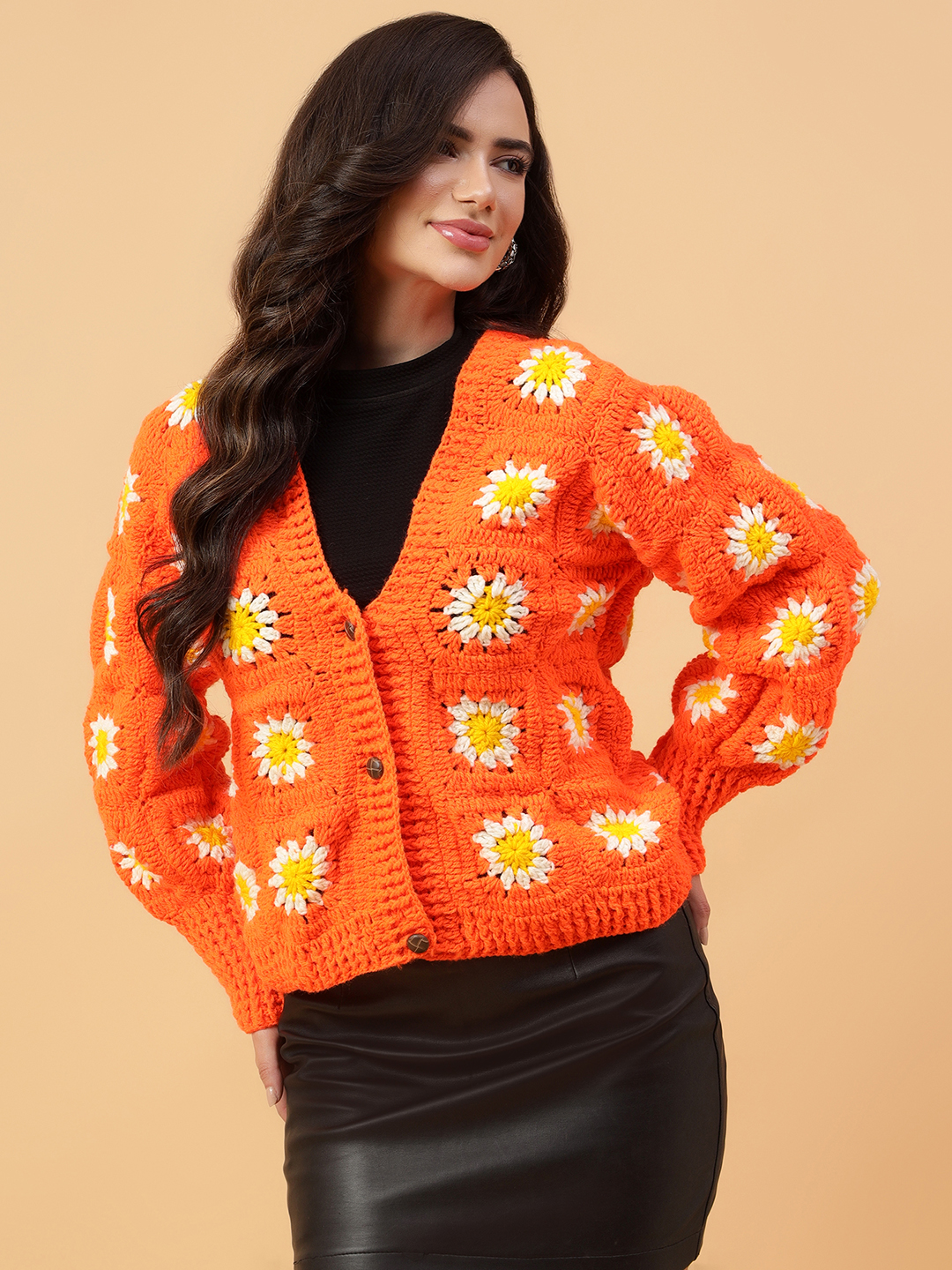 Velvery Handmade Orange & White Floral Crochet V-Neck Cardigan