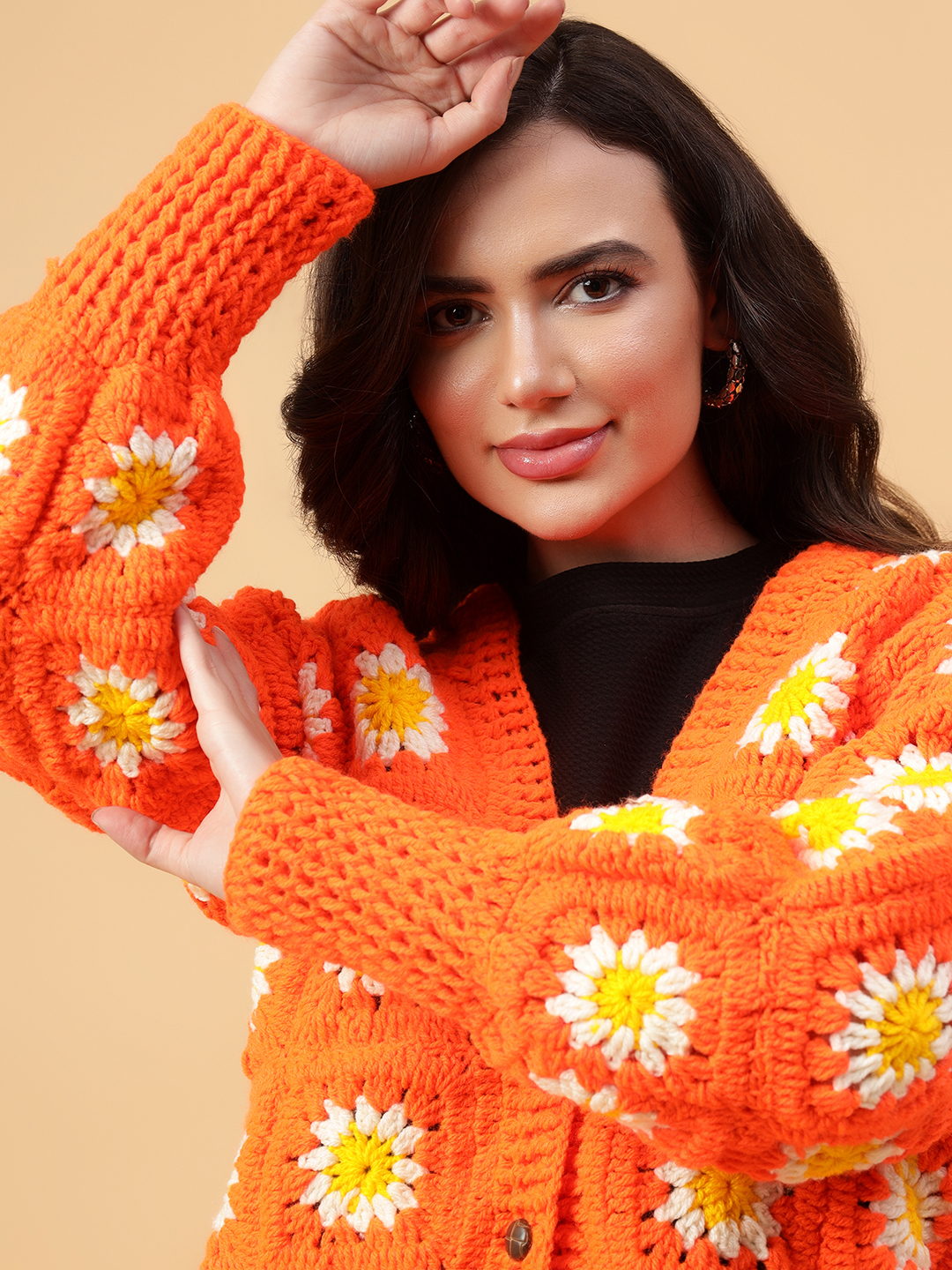 Velvery Handmade Orange & White Floral Crochet V-Neck Cardigan
