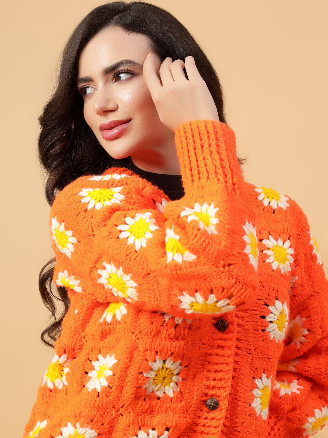Velvery Handmade Orange & White Floral Crochet V-Neck Cardigan