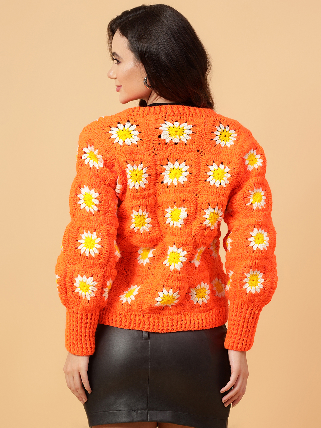 Velvery Handmade Orange & White Floral Crochet V-Neck Cardigan