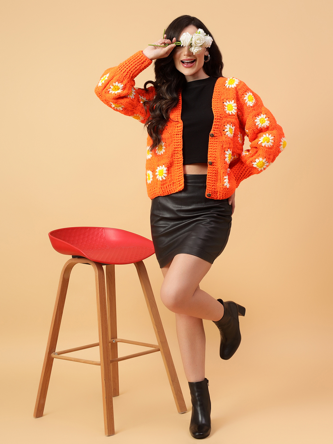 Velvery Handmade Orange & White Floral Crochet V-Neck Cardigan