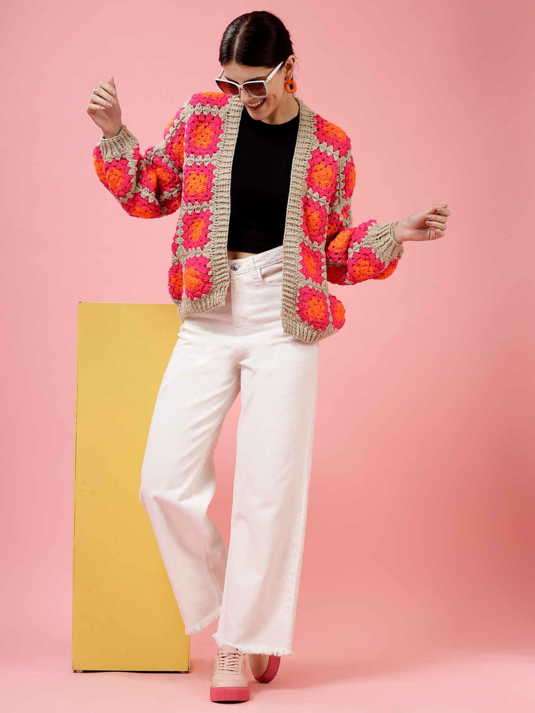 Velvery Handmade Pink & Multi Oversized V-Neck Cardigan