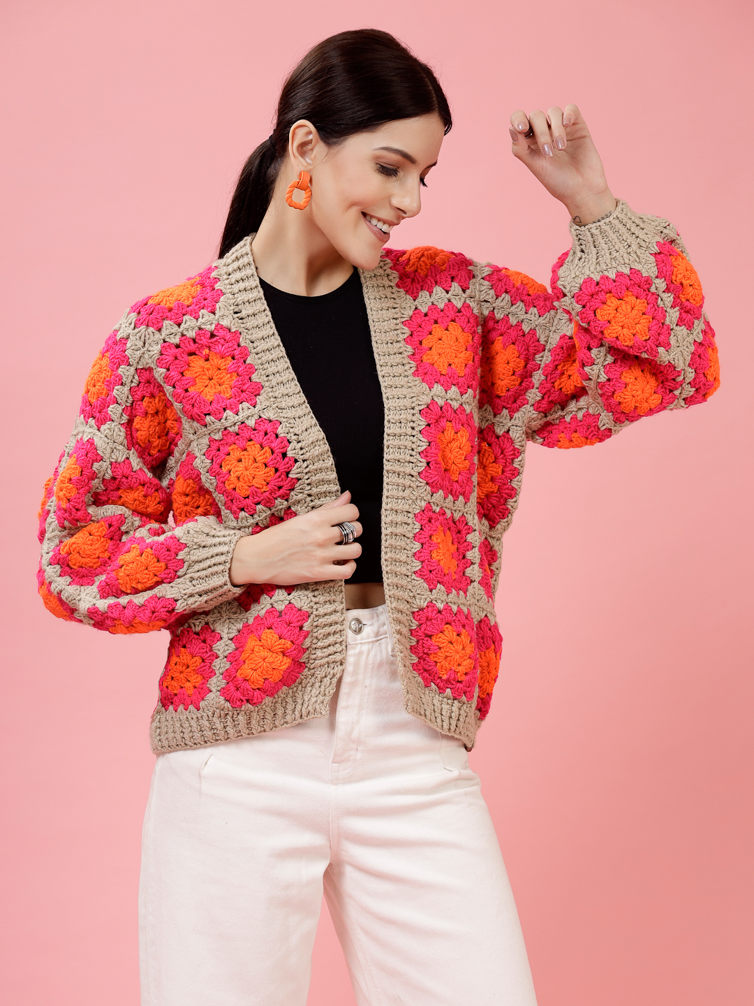 Velvery Handmade Pink & Multi Oversized V-Neck Cardigan