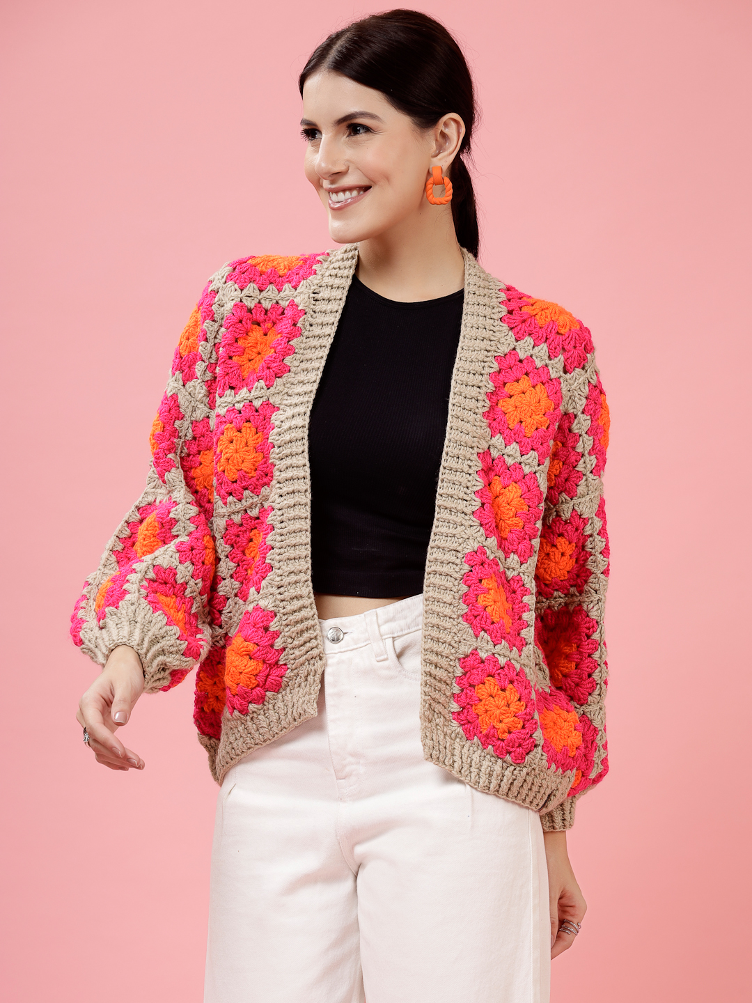 Velvery Handmade Pink & Multi Oversized V-Neck Cardigan