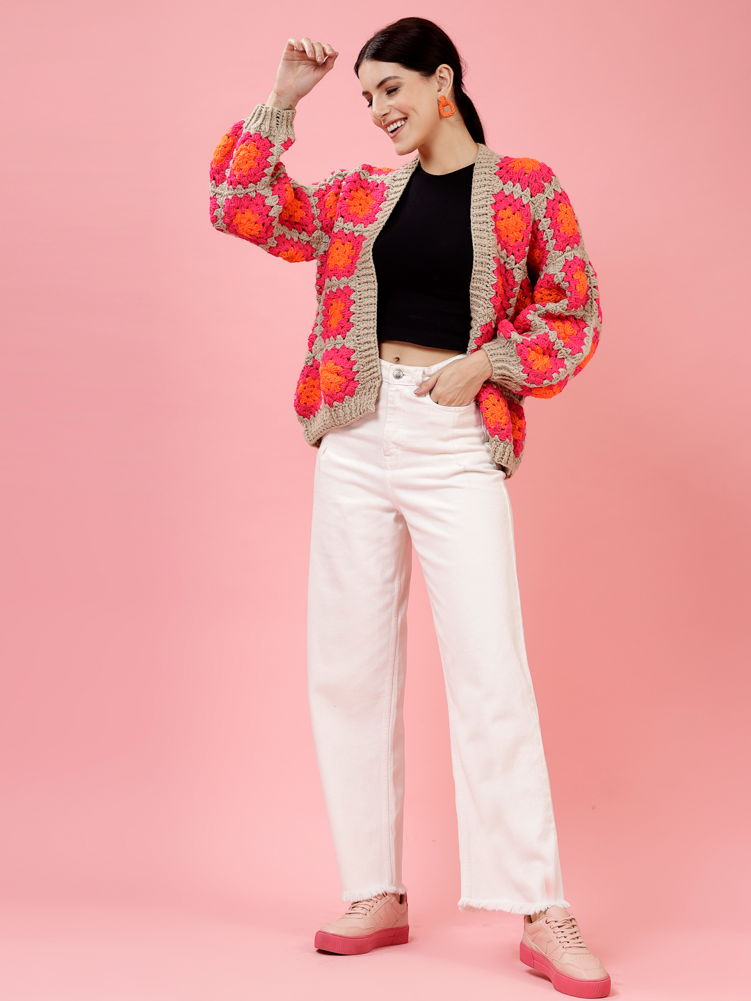 Velvery Handmade Pink & Multi Oversized V-Neck Cardigan