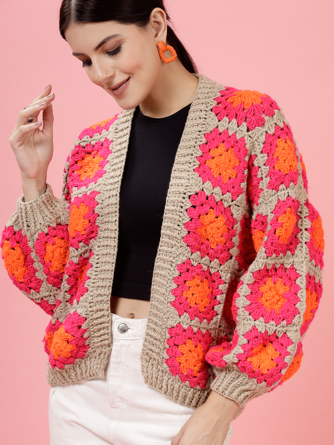 Velvery Handmade Pink & Multi Oversized V-Neck Cardigan