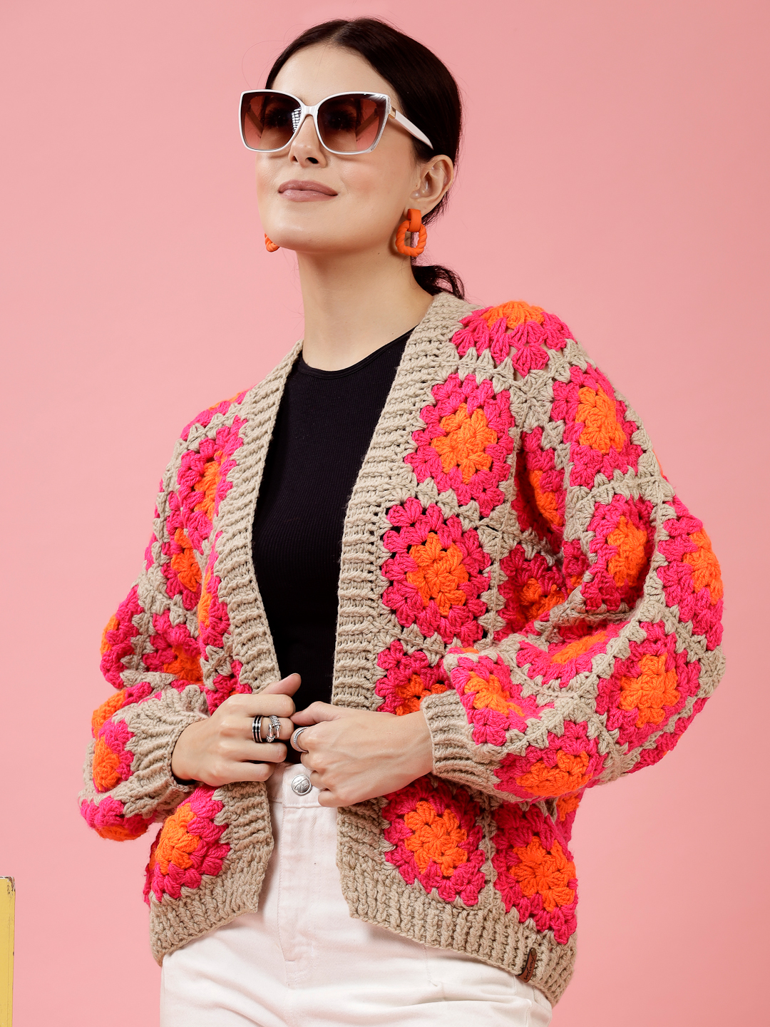 Velvery Handmade Pink & Multi Oversized V-Neck Cardigan