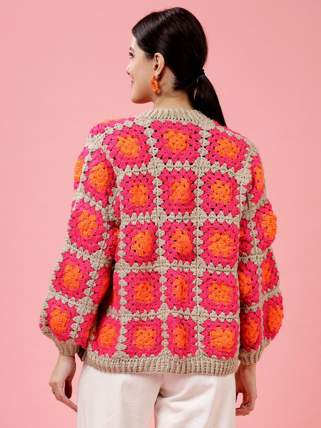 Velvery Handmade Pink & Multi Oversized V-Neck Cardigan