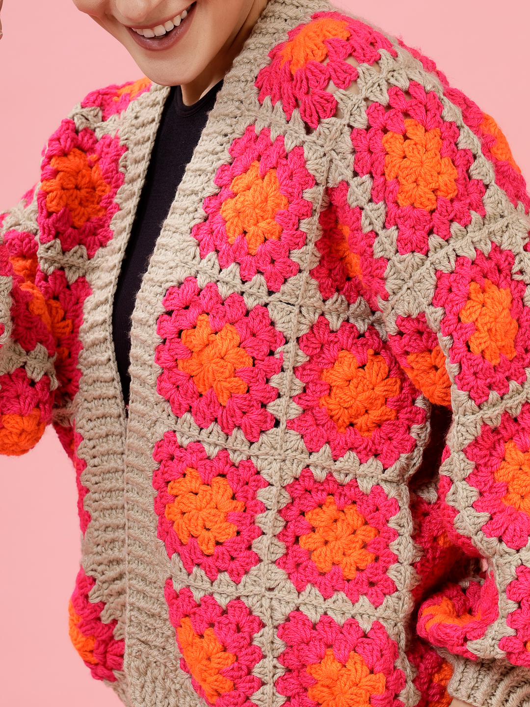 Velvery Handmade Pink & Multi Oversized V-Neck Cardigan