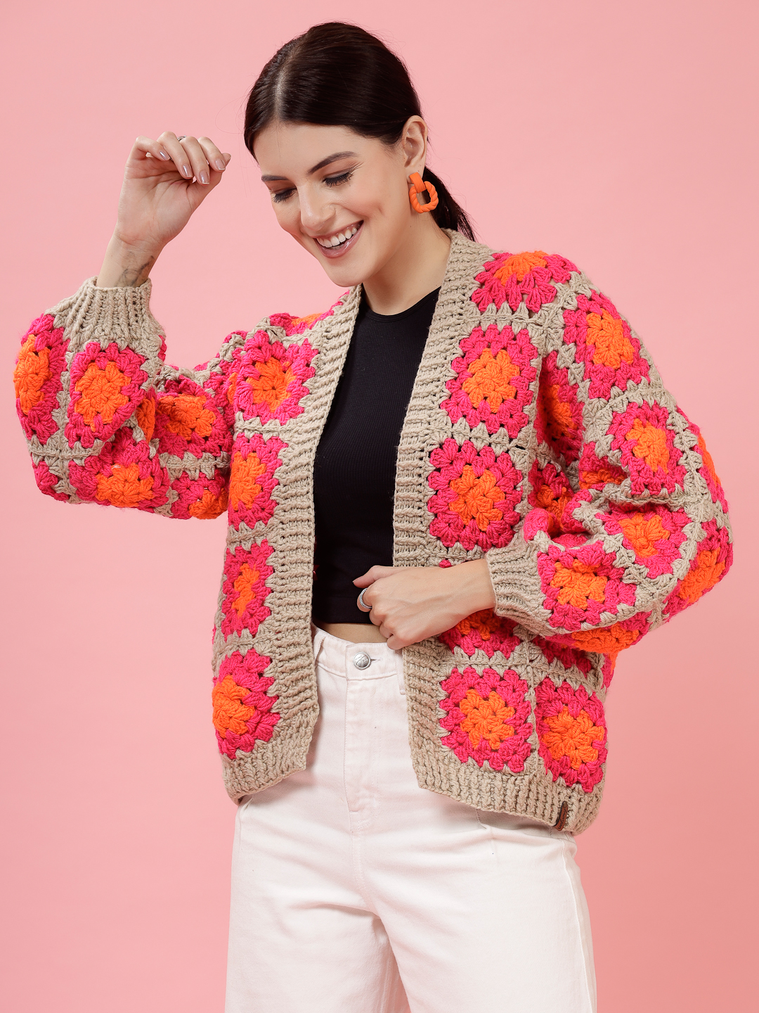 Velvery Handmade Pink & Multi Oversized V-Neck Cardigan