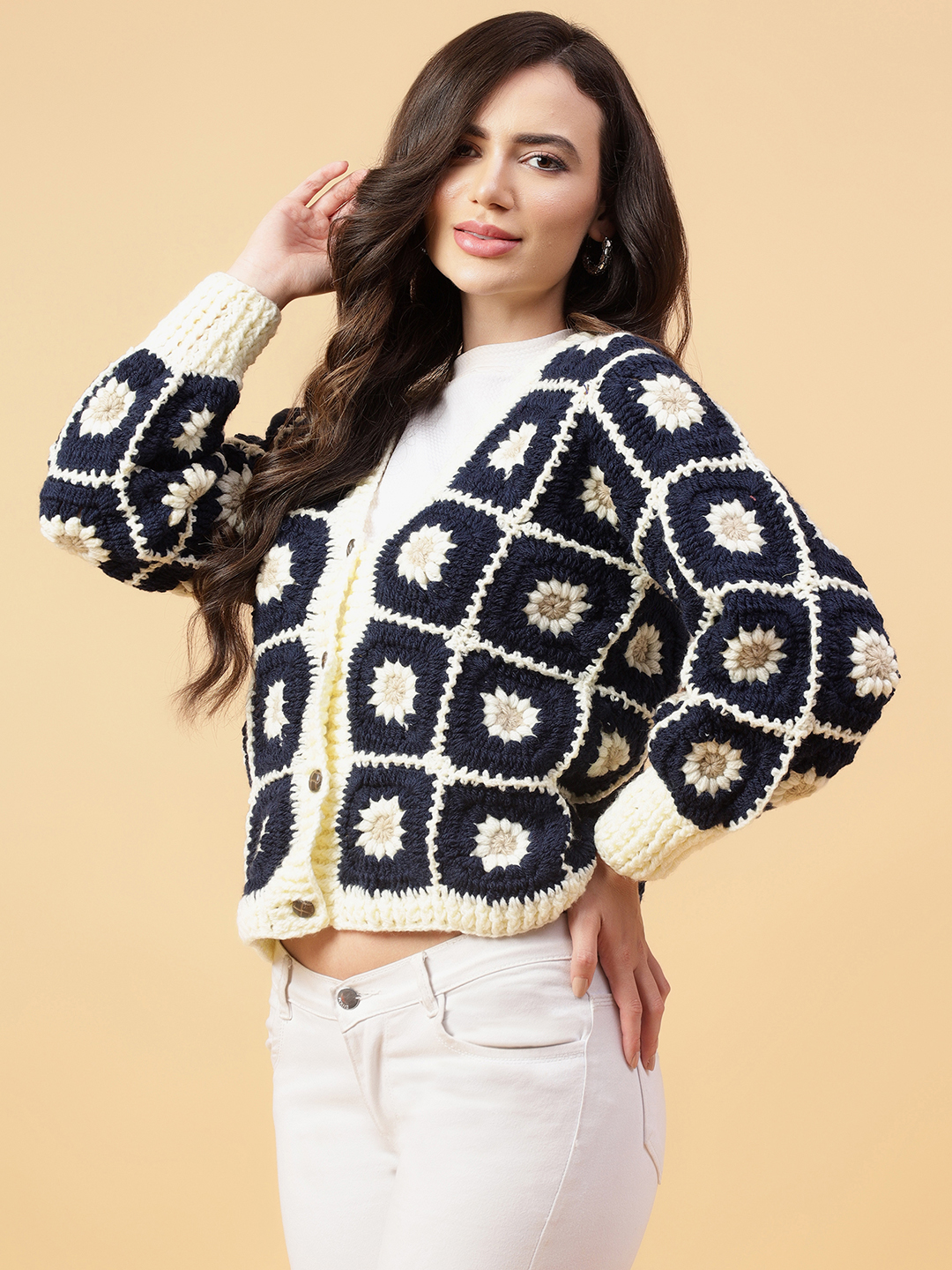 Velvery Handmade Black & White Daisy V-Neck Cardigan