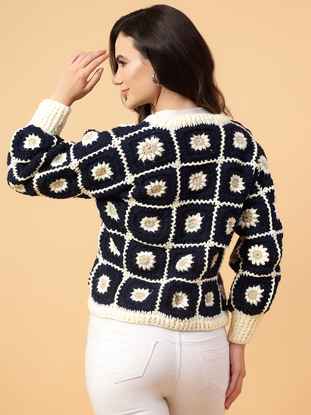 Velvery Handmade Black & White Daisy V-Neck Cardigan