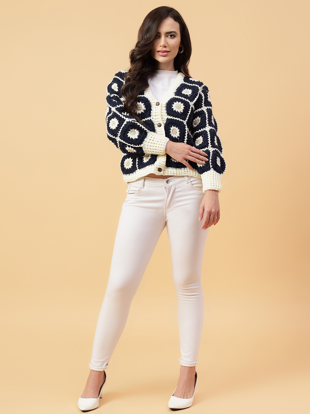 Velvery Handmade Black & White Daisy V-Neck Cardigan