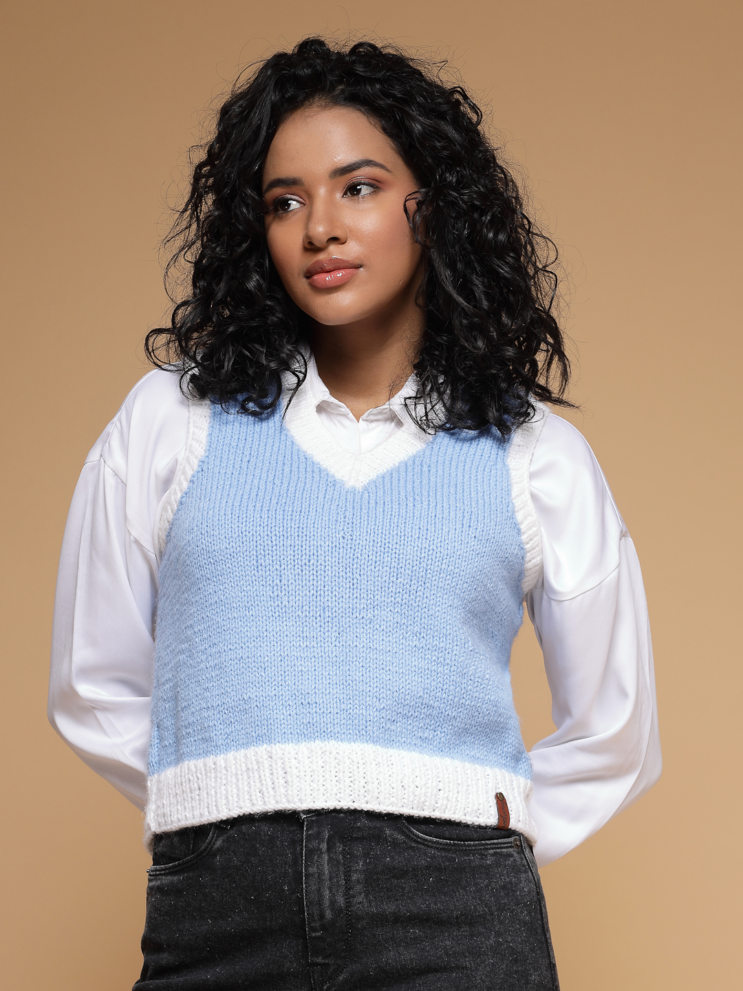 Velvery Handmade Blue & White Handknitted V-Neck Sweater Vest