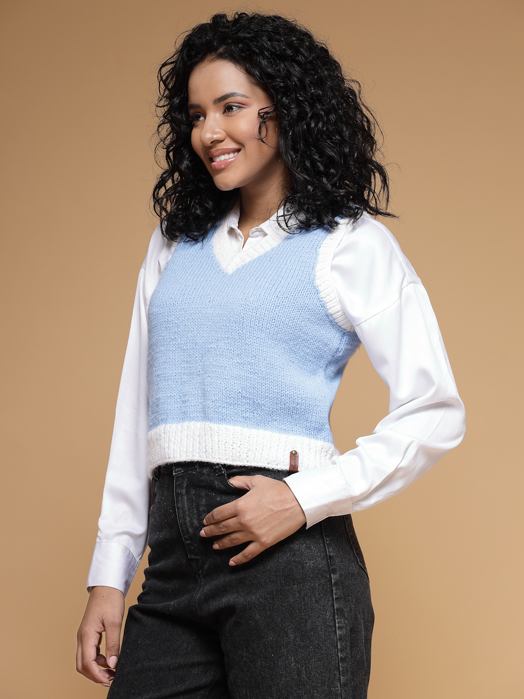Velvery Handmade Blue & White Handknitted V-Neck Sweater Vest