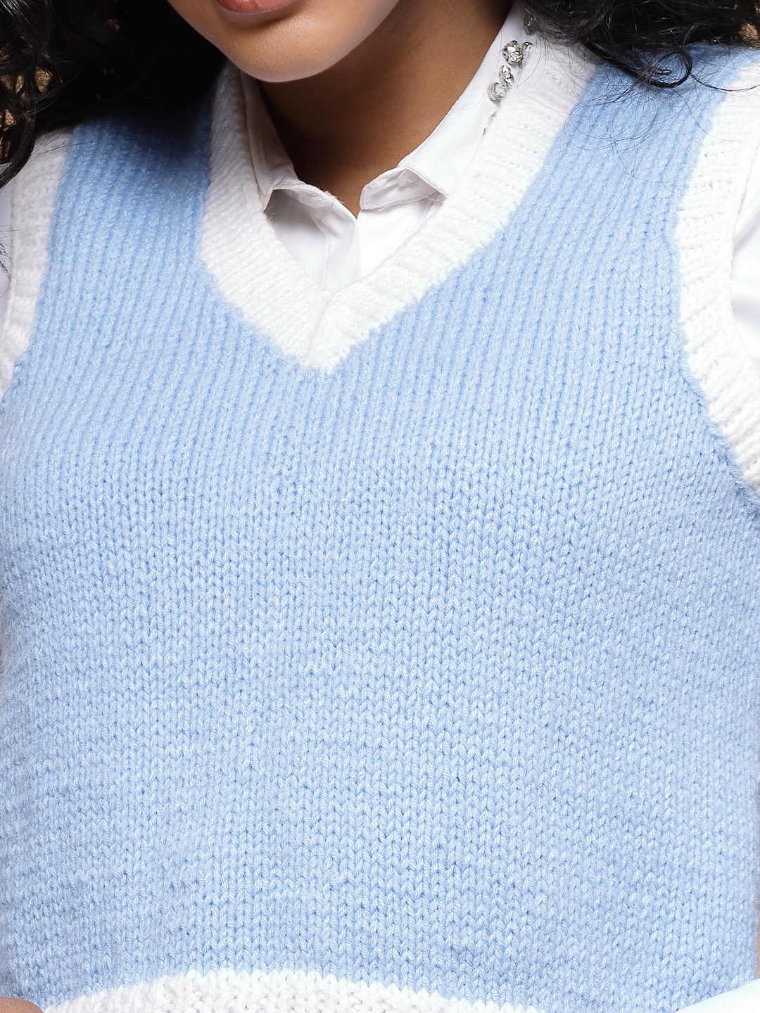 Velvery Handmade Blue & White Handknitted V-Neck Sweater Vest