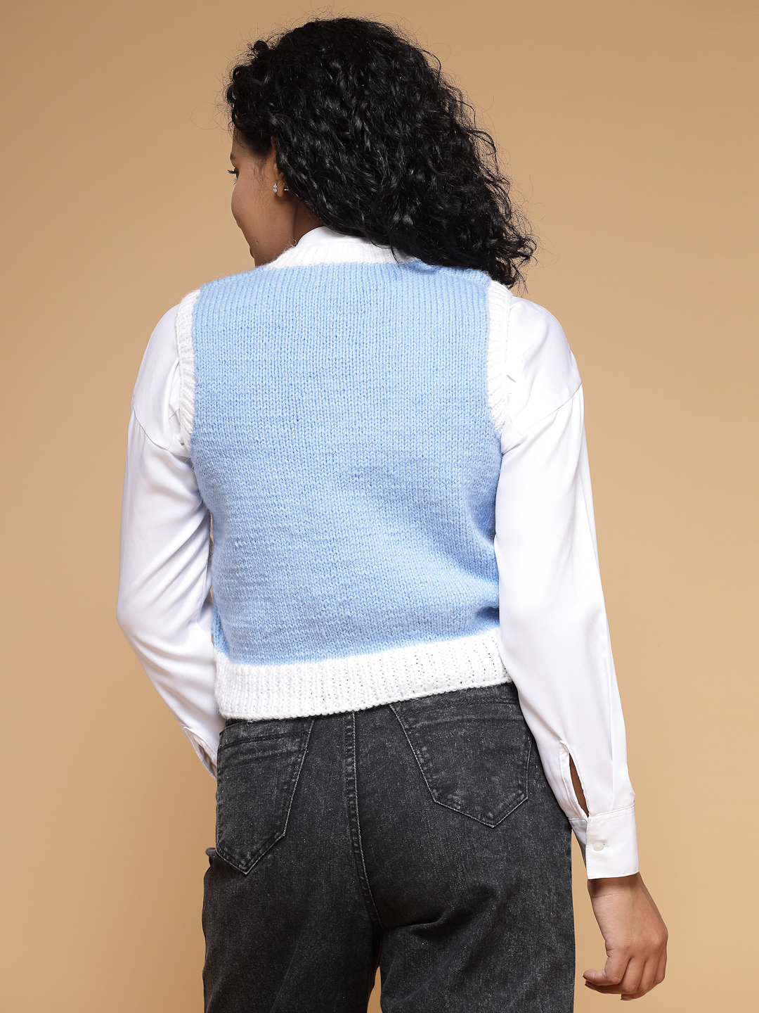 Velvery Handmade Blue & White Handknitted V-Neck Sweater Vest
