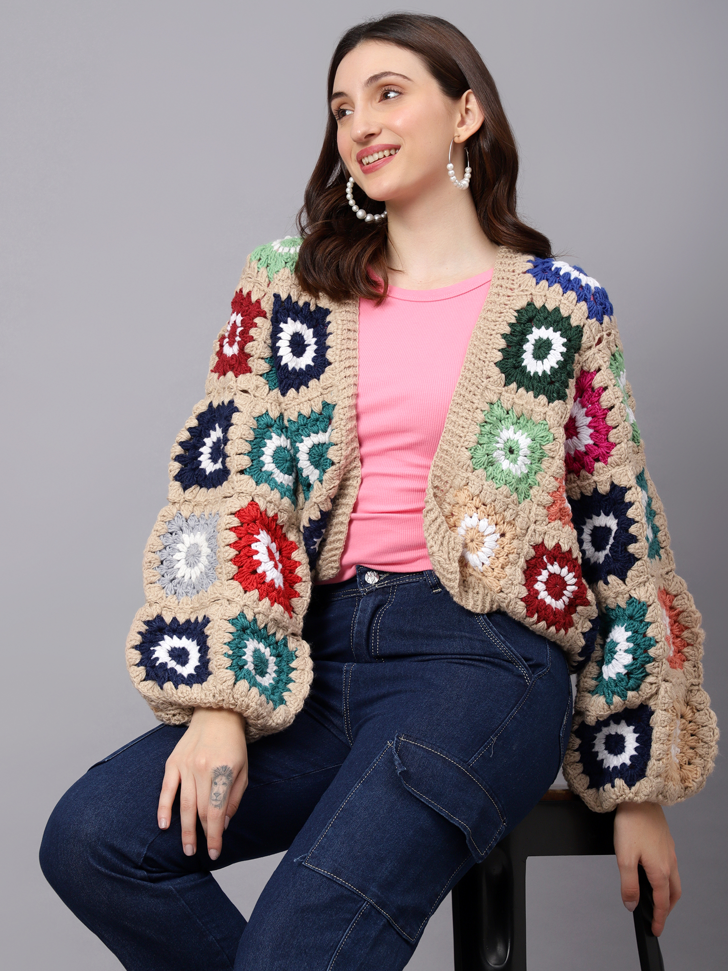 Velvery Handmade Beige & Multi Baggy V-Neck Cardigan