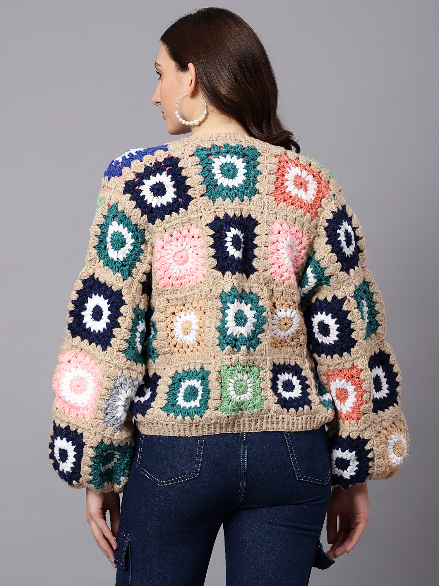 Velvery Handmade Beige & Multi Baggy V-Neck Cardigan