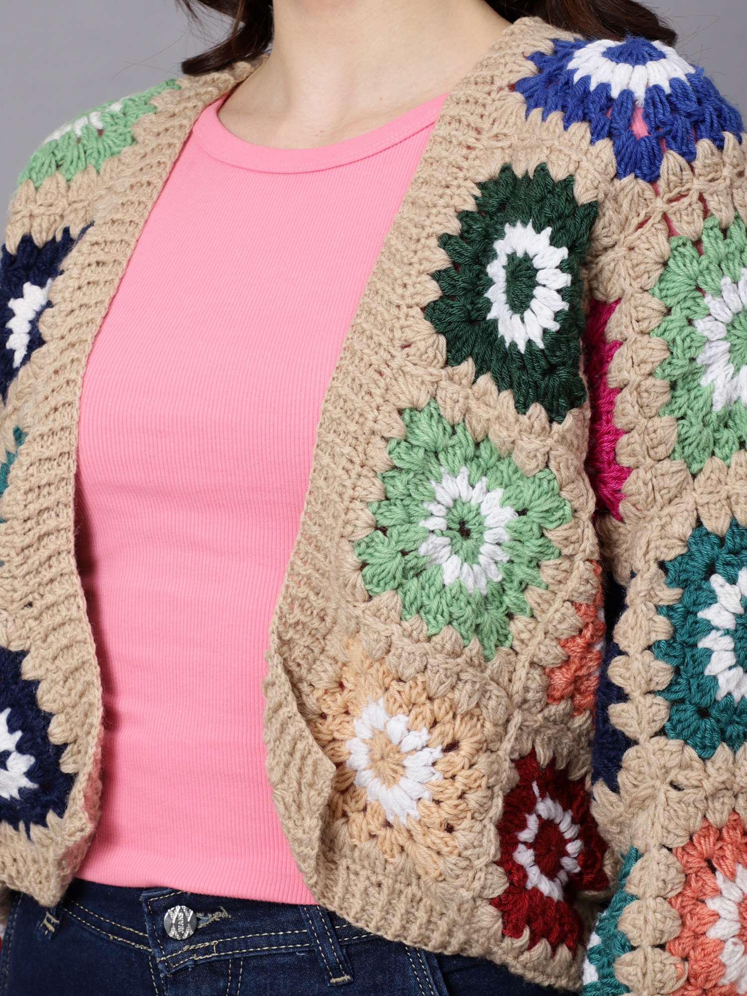 Velvery Handmade Beige & Multi Baggy V-Neck Cardigan