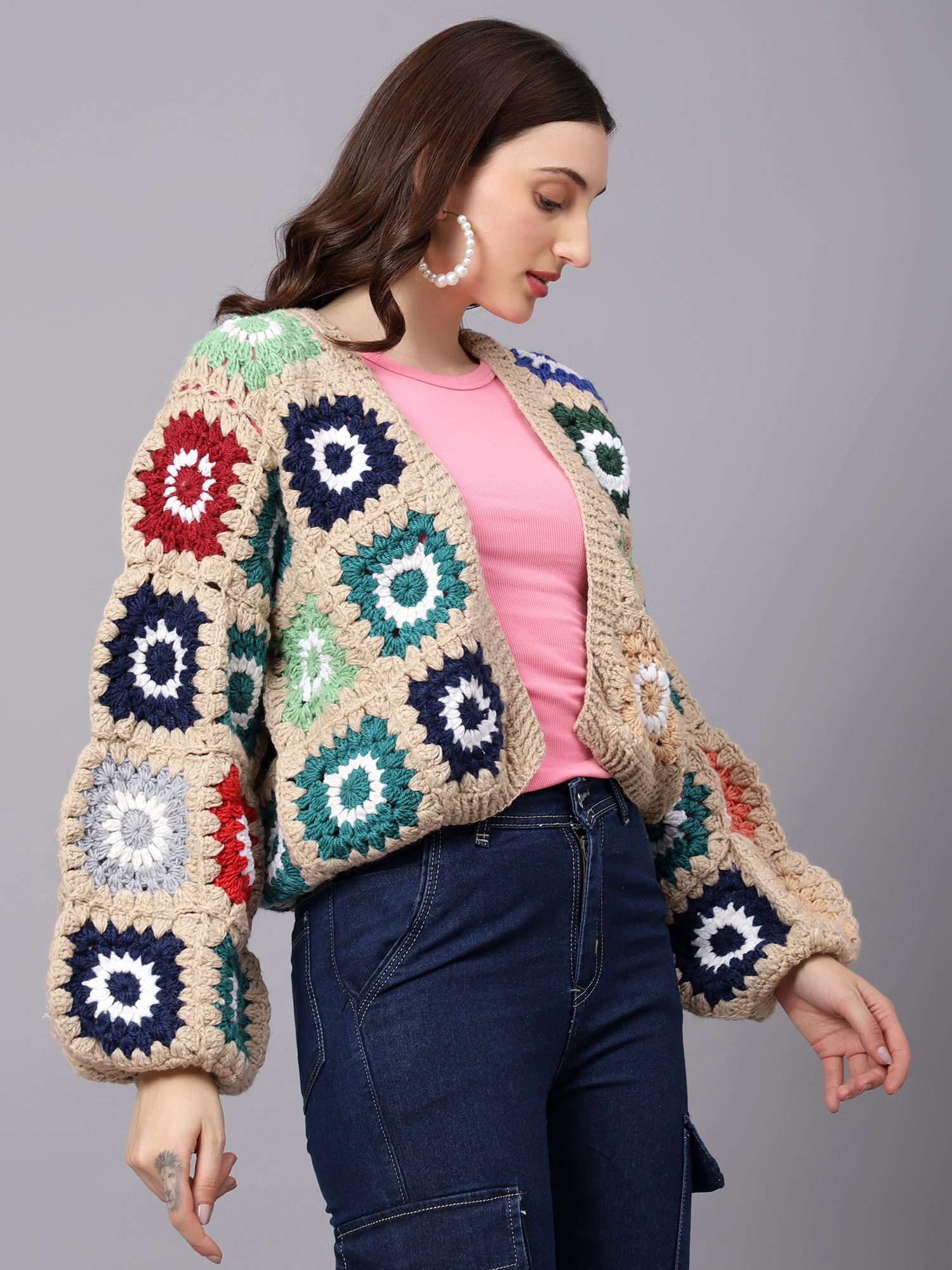 Velvery Handmade Beige & Multi Baggy V-Neck Cardigan