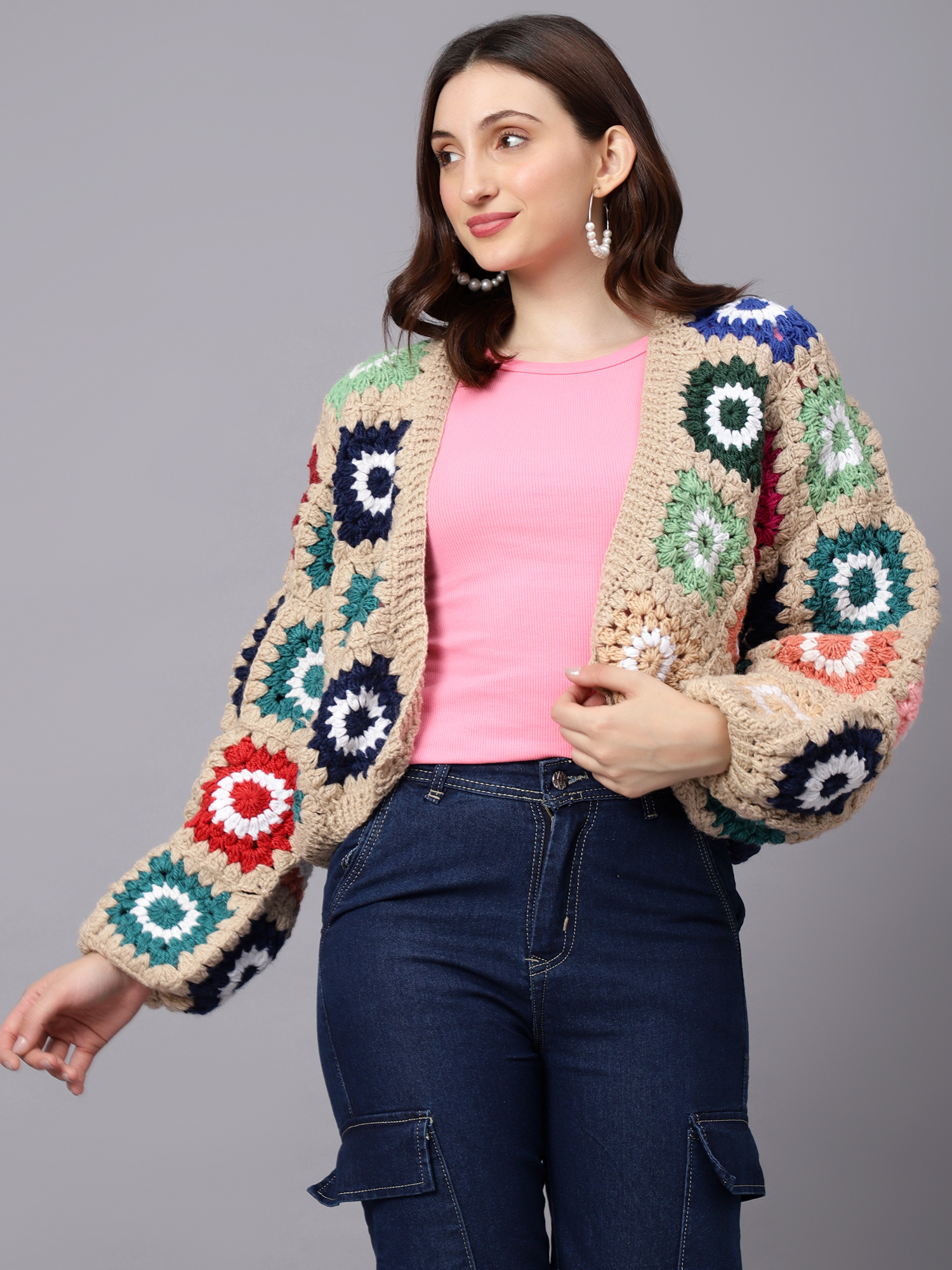 Velvery Handmade Beige & Multi Baggy V-Neck Cardigan