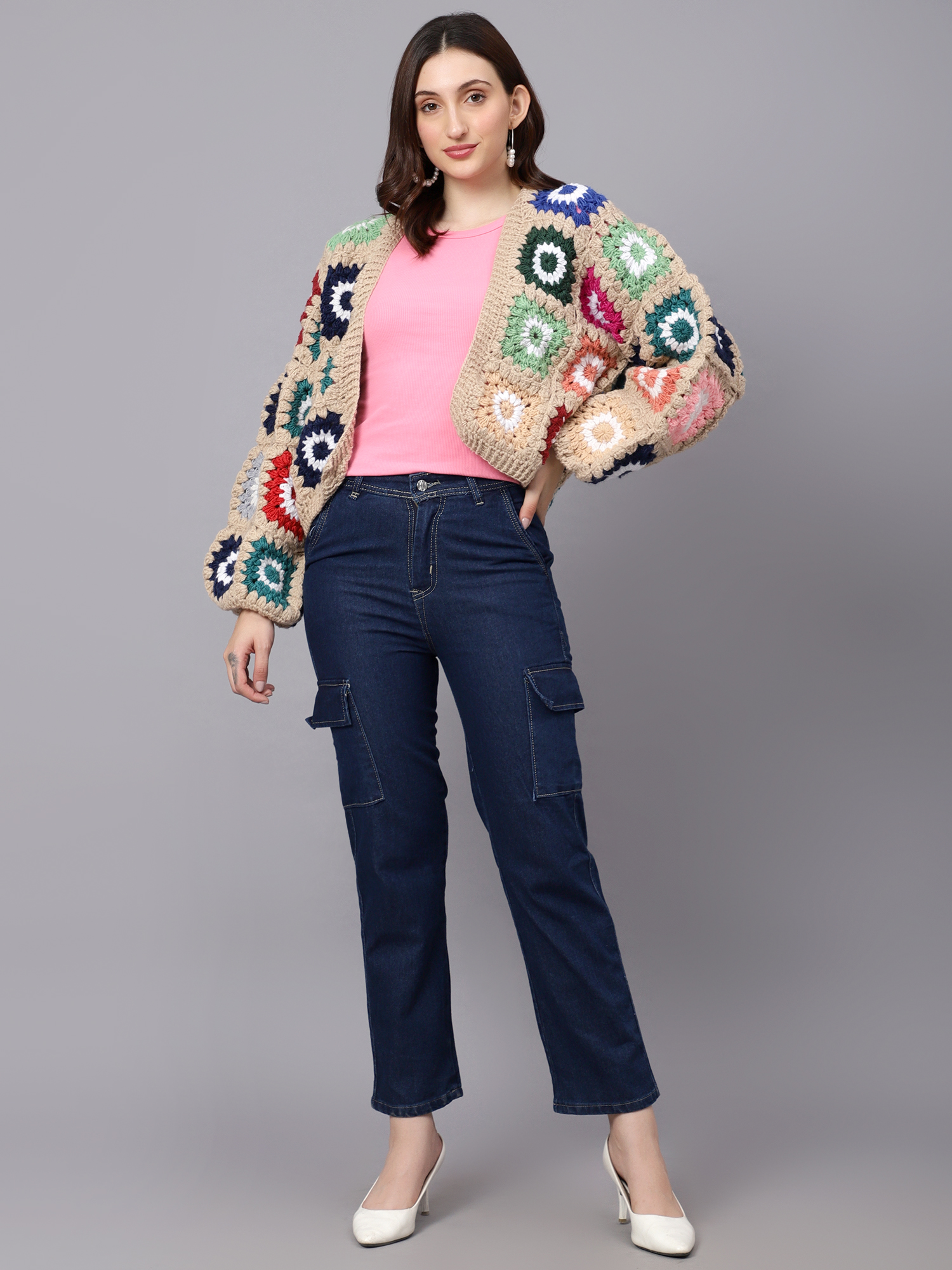 Velvery Handmade Beige & Multi Baggy V-Neck Cardigan
