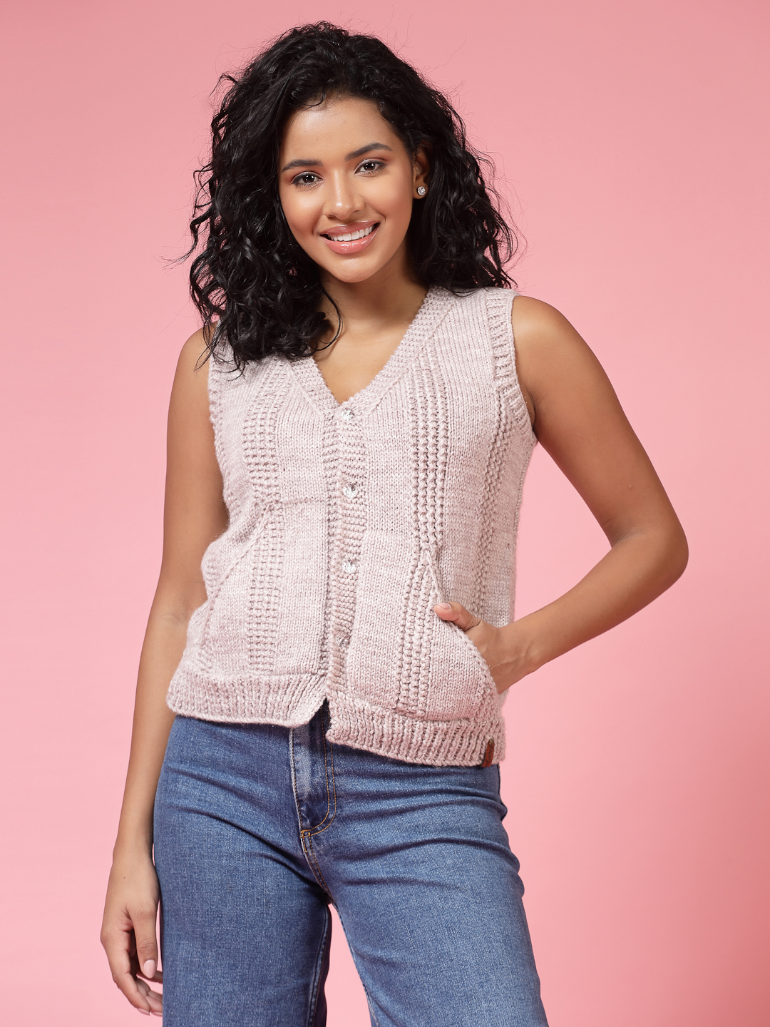 Velvery Handmade Grey Pocket Detailed V-Neck Sweater Vest