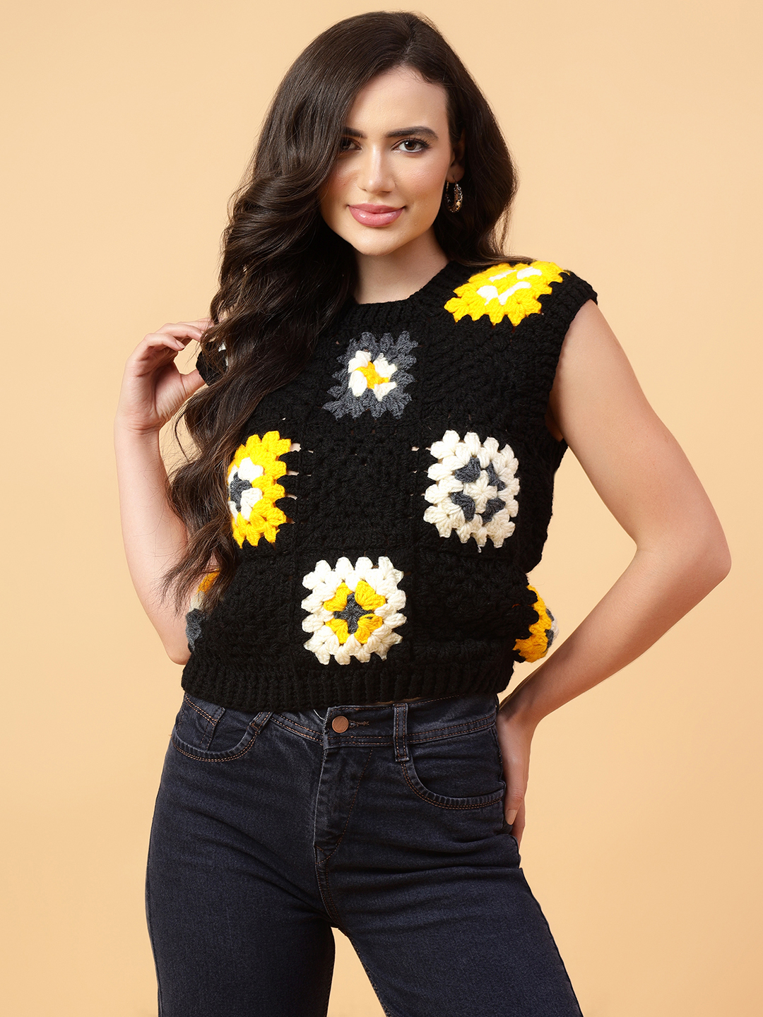 Velvery Handmade Black & Multi Granny Square Round Neck Pullover