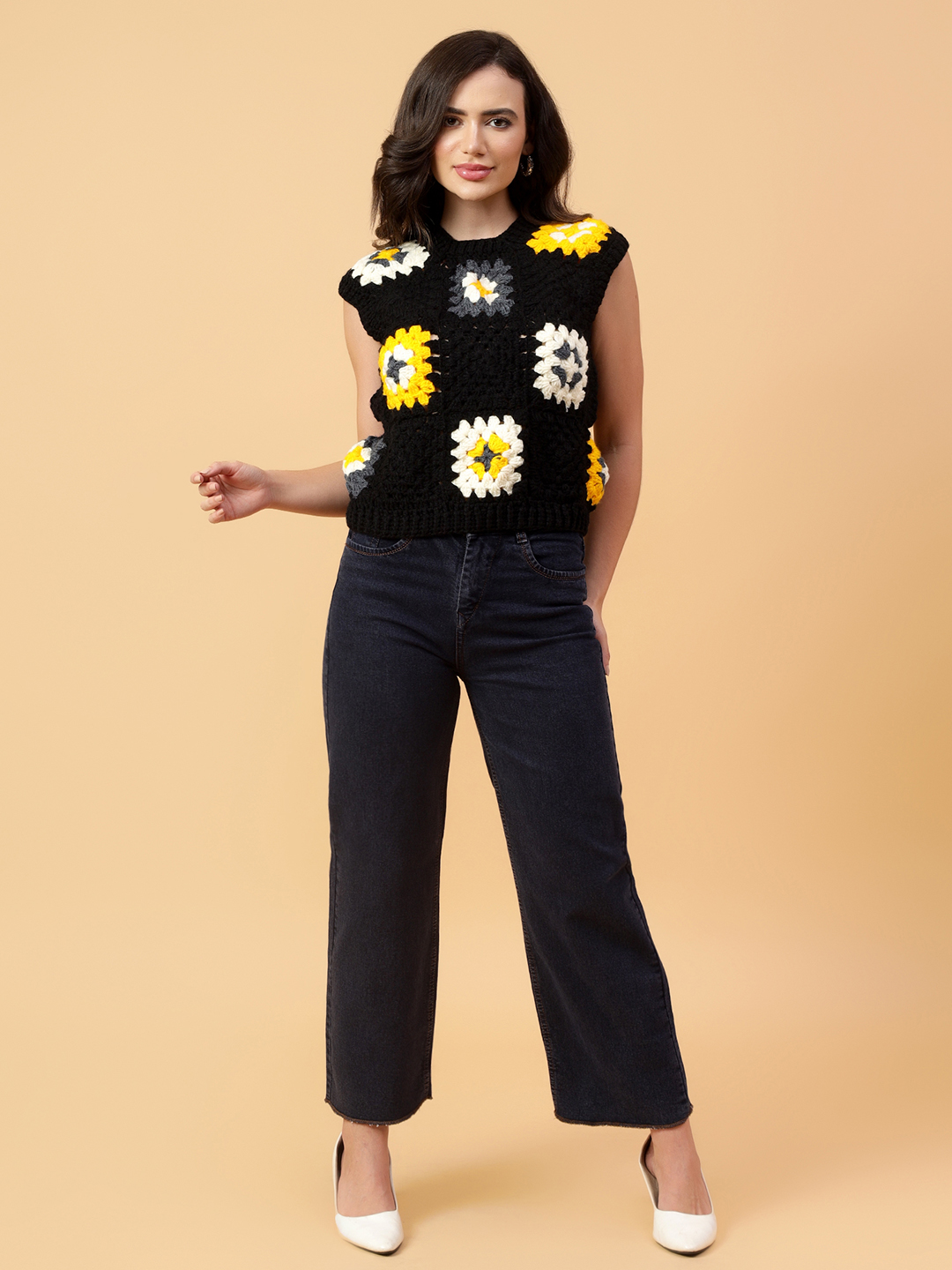 Velvery Handmade Black & Multi Granny Square Round Neck Pullover